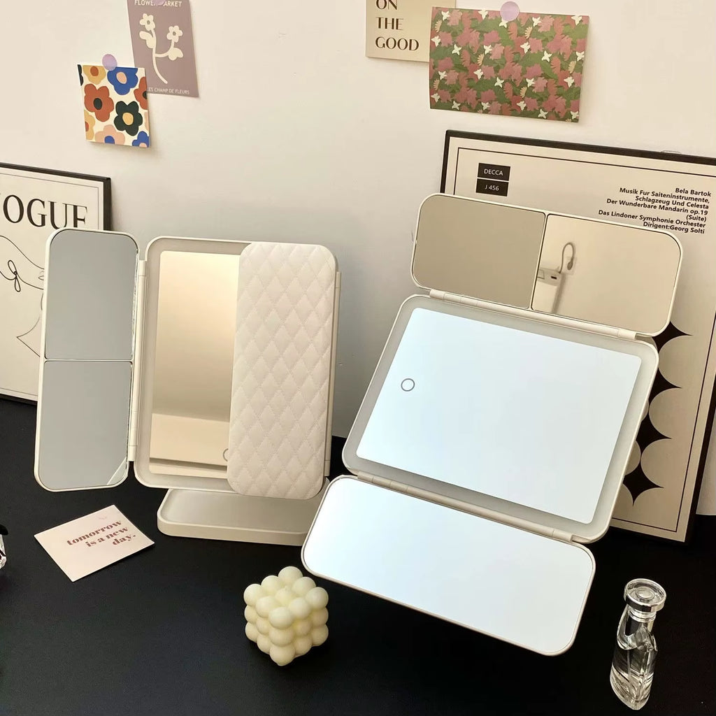 Espejo de maquillaje triple con luces LED, espejo de tocador para dormitorio, iluminación de belleza, luz de relleno con espejo de maquillaje complementario inteligente Tri