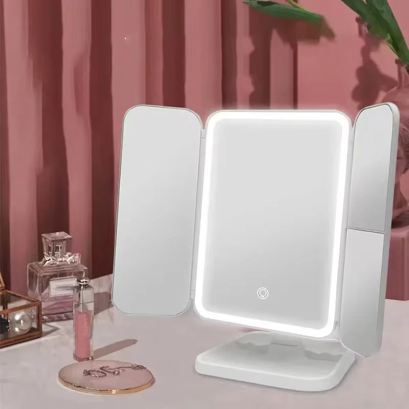 Espejo de maquillaje triple con luces LED, espejo de tocador para dormitorio, iluminación de belleza, luz de relleno con espejo de maquillaje complementario inteligente Tri
