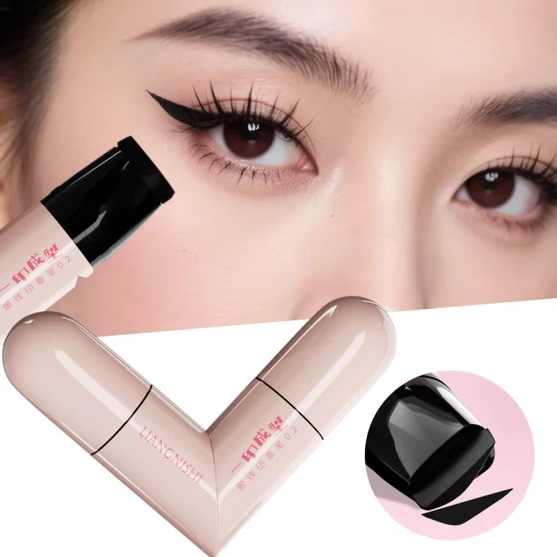 Delineador de ojos giratorio con sello integrado, negro y marrón, de doble punta, plantilla de ala, resistente al agua y a las manchas, bolígrafo líquido de larga duración.