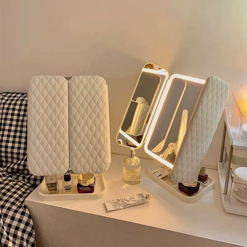 Espejo de maquillaje triple con luces LED, espejo de tocador para dormitorio, iluminación de belleza, luz de relleno con espejo de maquillaje complementario inteligente Tri