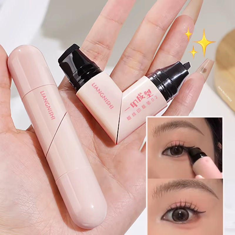 Delineador de ojos giratorio con sello integrado, negro y marrón, de doble punta, plantilla de ala, resistente al agua y a las manchas, bolígrafo líquido de larga duración.