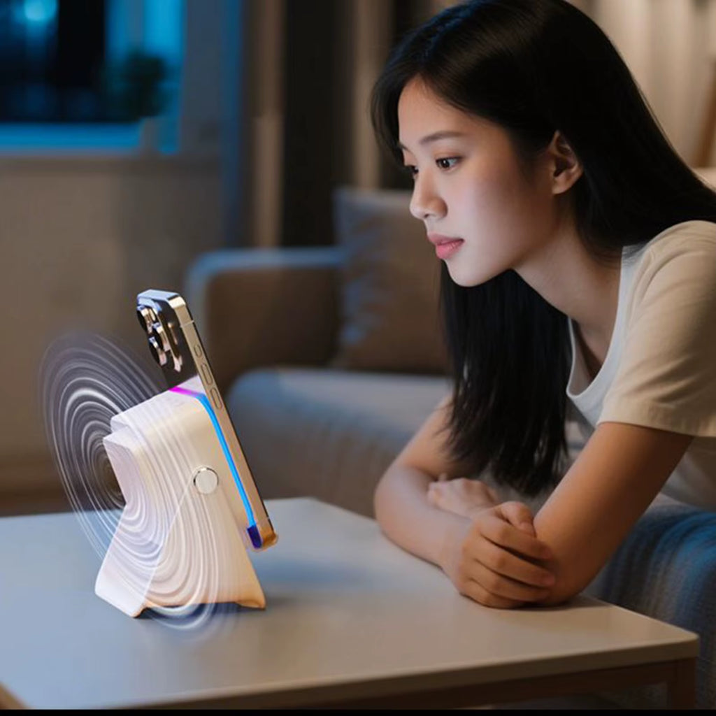 Altavoz de inducción para teléfono móvil, estación de audio con luz, soporte para teléfono de 10 W, cargador inalámbrico, altavoz para casa, oficina y viajes.